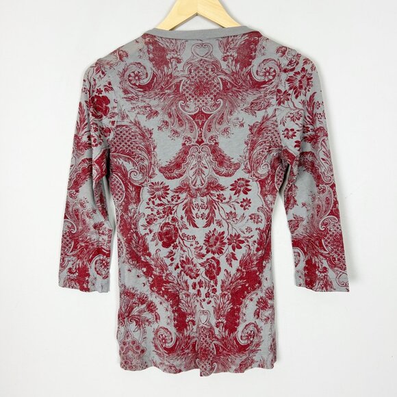 Vintage Y2K Henley Tee Gray & Red Floral Boho Size Medium Women's - Picture 3 of 4